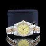 Yellow Dial Stick Markers Two Tone Rose Gold Moissanite Diamond Watch Close Up Front View