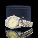 Yellow Dial Stick Markers Two Tone Rose Gold Moissanite Diamond Watch Left Profile View