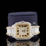 Yellow Dial Two Tone Roman Numeral Moissanite Diamond Watch Close Up Front View