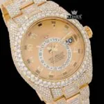 Yellow Dual Time Dial Standard Numerals Yellow Gold Iced Out Moissanite Watch Close Up Dial View