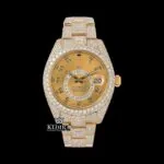 Roles Yellow Gold Iced Out Moissanite Watch with Dual Time Dial and Yellow Dial