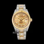 Roles Yellow Dual Time Dial Stick Markers Two Tone Iced Out Moissanite Watch