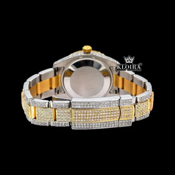 Yellow Gold Bezel Diamond Markers White Dial Two Tone Moissanite Watch Caseback View
