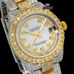 Yellow Gold Bezel Diamond Markers White Dial Two Tone Moissanite Watch Close Up Dial View