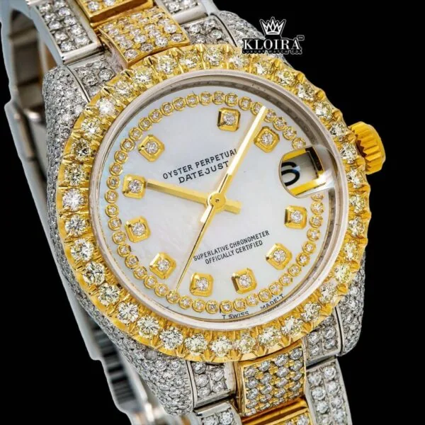 Yellow Gold Bezel Diamond Markers White Dial Two Tone Moissanite Watch Close Up Dial View