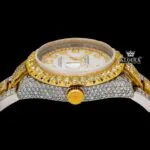 Yellow Gold Bezel Diamond Markers White Dial Two Tone Moissanite Watch Crown View