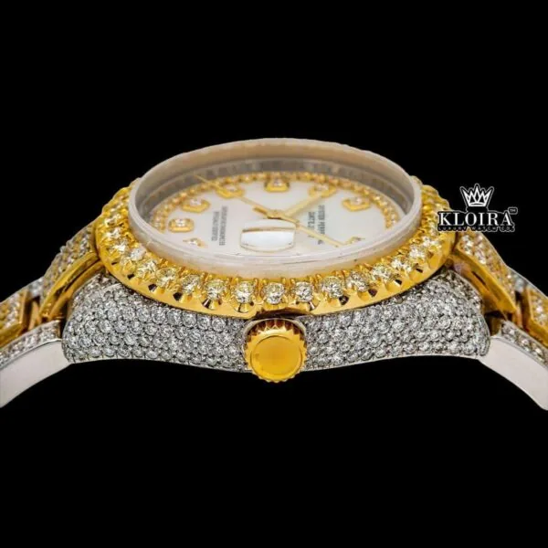 Yellow Gold Bezel Diamond Markers White Dial Two Tone Moissanite Watch Crown View