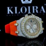 Yellow Gold Chronograph Dial Orange Rubber Strap Moissanite Watch Right Profile View
