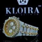 Yellow Gold Chronograph Dial Stick Markers Two Tone Moissanite Watch Left Profile View