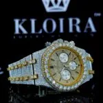 Yellow Gold Chronograph Dial Stick Markers Two Tone Moissanite Watch Right Profile View