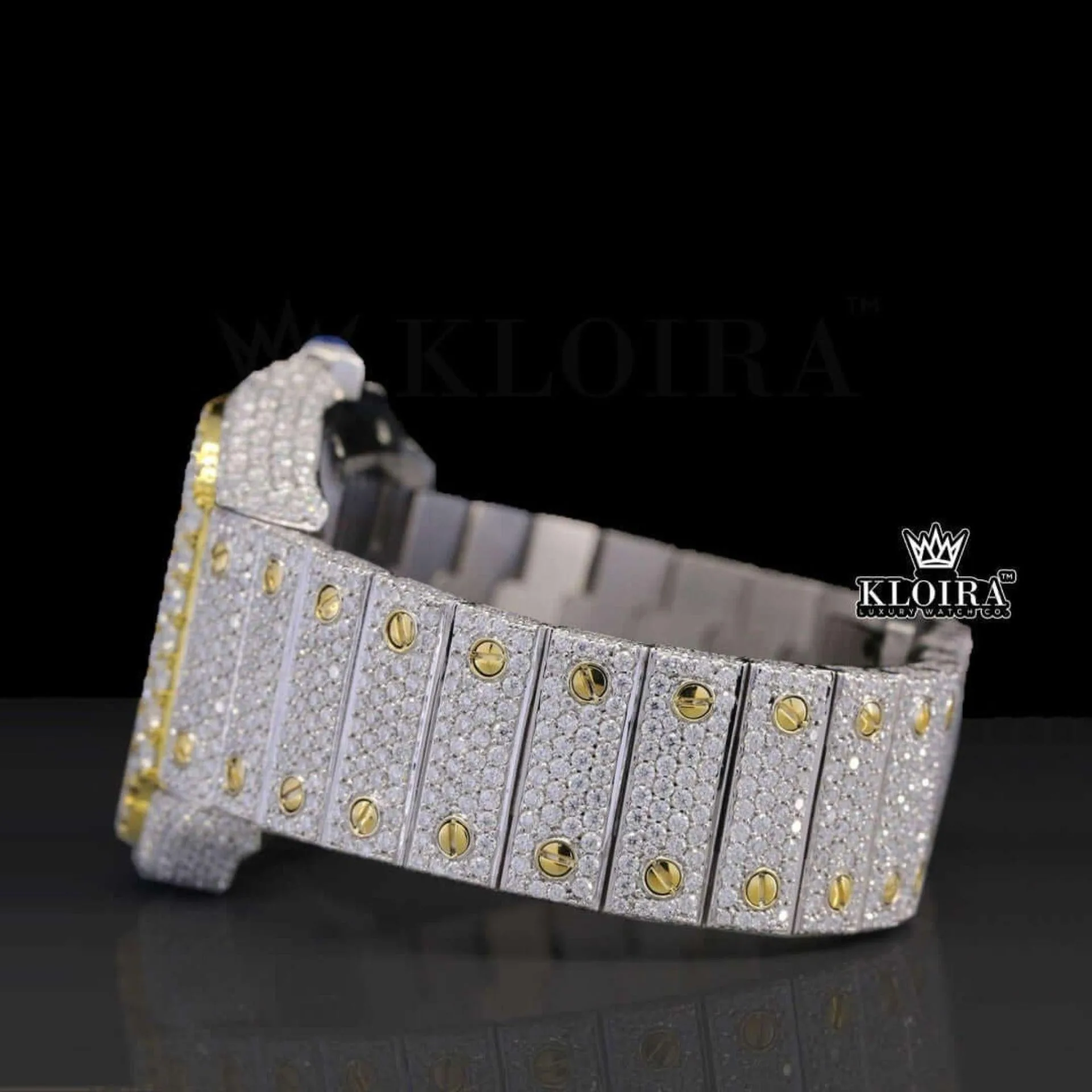 Yellow Gold Dial Black Roman Numerals Two Tone Natural Diamond Watch Left Side View