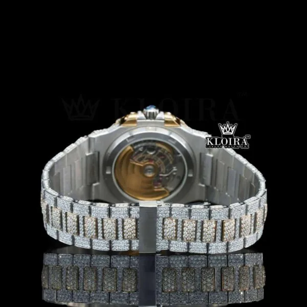 Yellow Gold Dial Black Stick Markers Two Tone Iced Out Moissanite Watch Caseback View