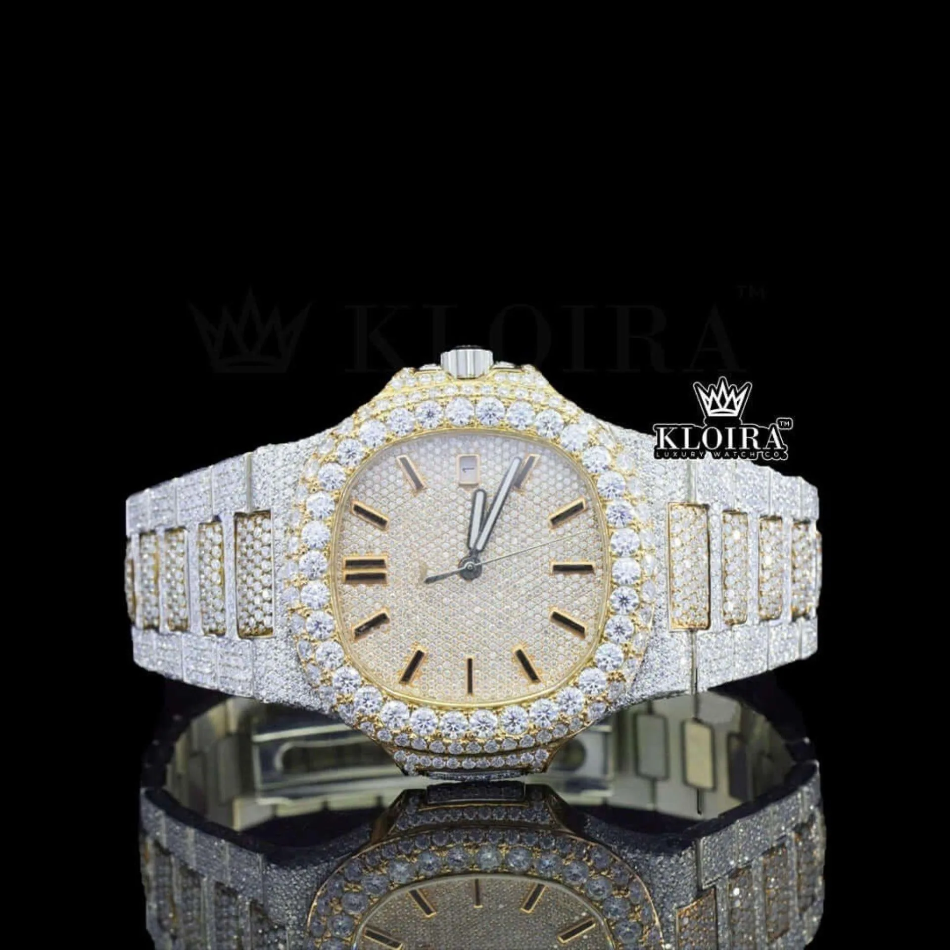 Patik Philippe Moissanite Watch with Yellow Gold Dial and Black Stick Markers