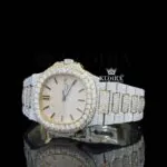 Yellow Gold Dial Black Stick Markers Two Tone Iced Out Moissanite Watch Left Profile View