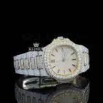 Yellow Gold Dial Black Stick Markers Two Tone Iced Out Moissanite Watch Right Profile View