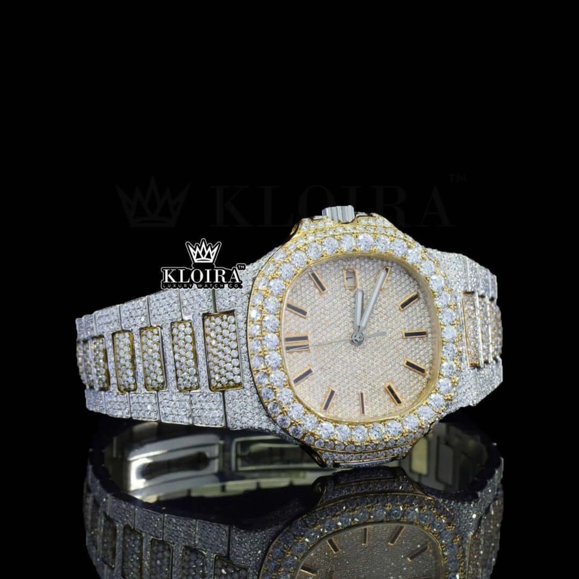 Yellow Gold Dial Black Stick Markers Two Tone Iced Out Moissanite Watch Right Profile View