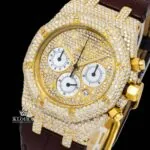 Yellow Gold Dial Brown Leather Strap Moissanite Diamond Watch Close Up Dial View