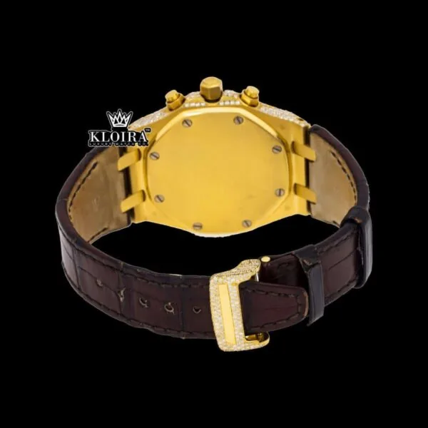 Yellow Gold Dial Brown Leather Strap Watch Moissanite Diamond Caseback View