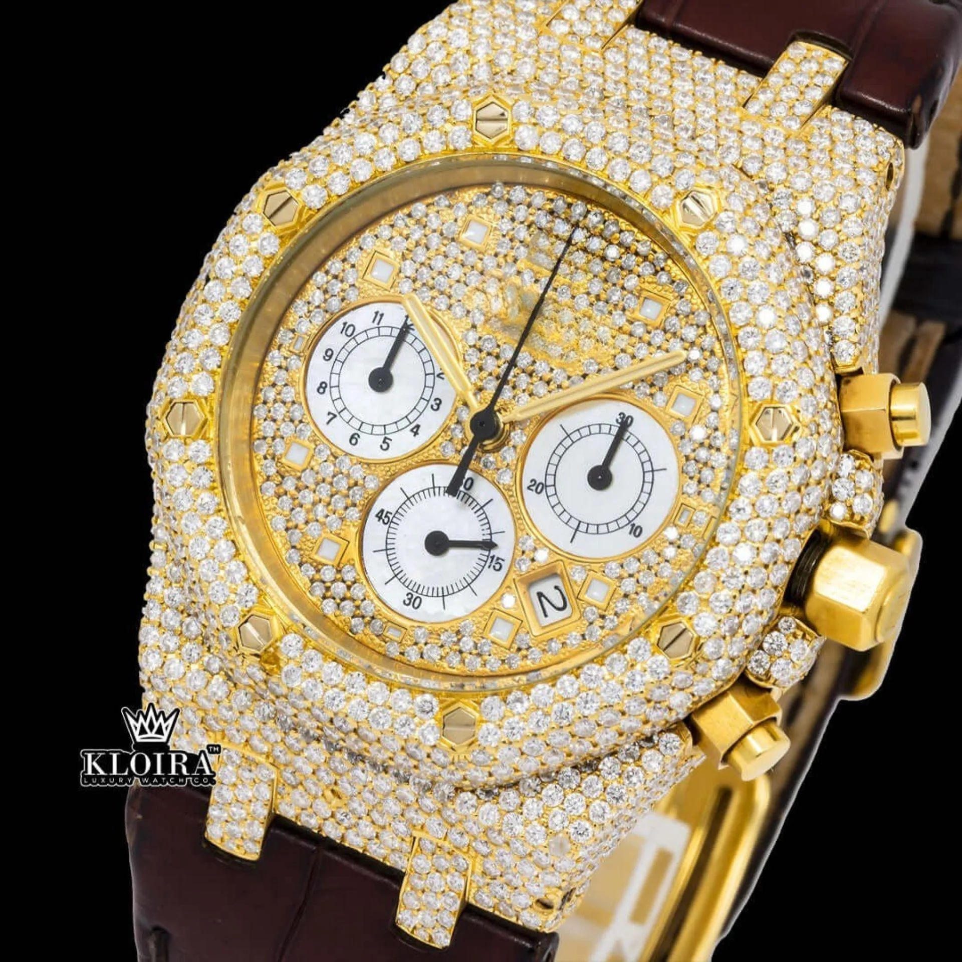 Yellow Gold Dial Brown Leather Strap Watch Moissanite Diamond Close Up Dial View