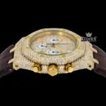 Yellow Gold Dial Brown Leather Strap Watch Moissanite Diamond Crown View