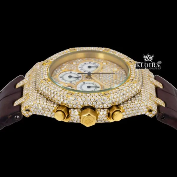Yellow Gold Dial Brown Leather Strap Watch Moissanite Diamond Crown View