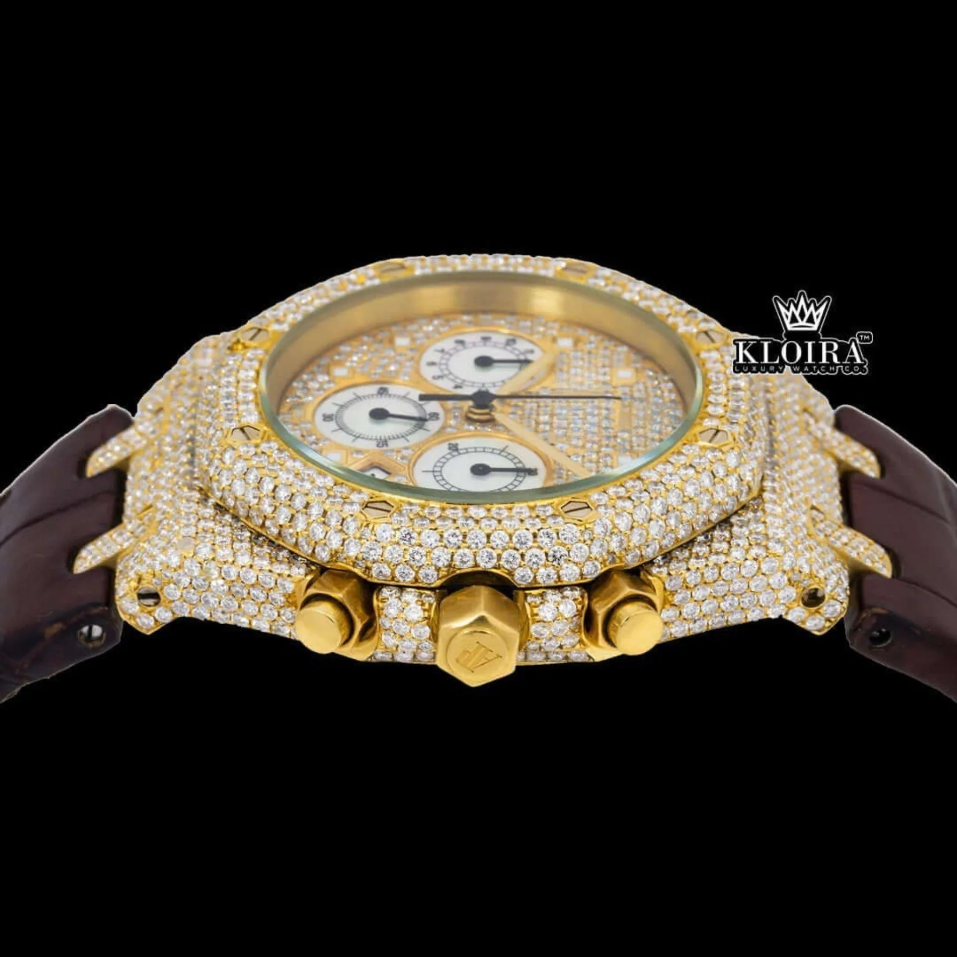 Yellow Gold Dial Brown Leather Strap Watch Moissanite Diamond Crown View