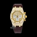 AP Moissanite Watch with Yellow Gold Dial and Brown Leather Strap