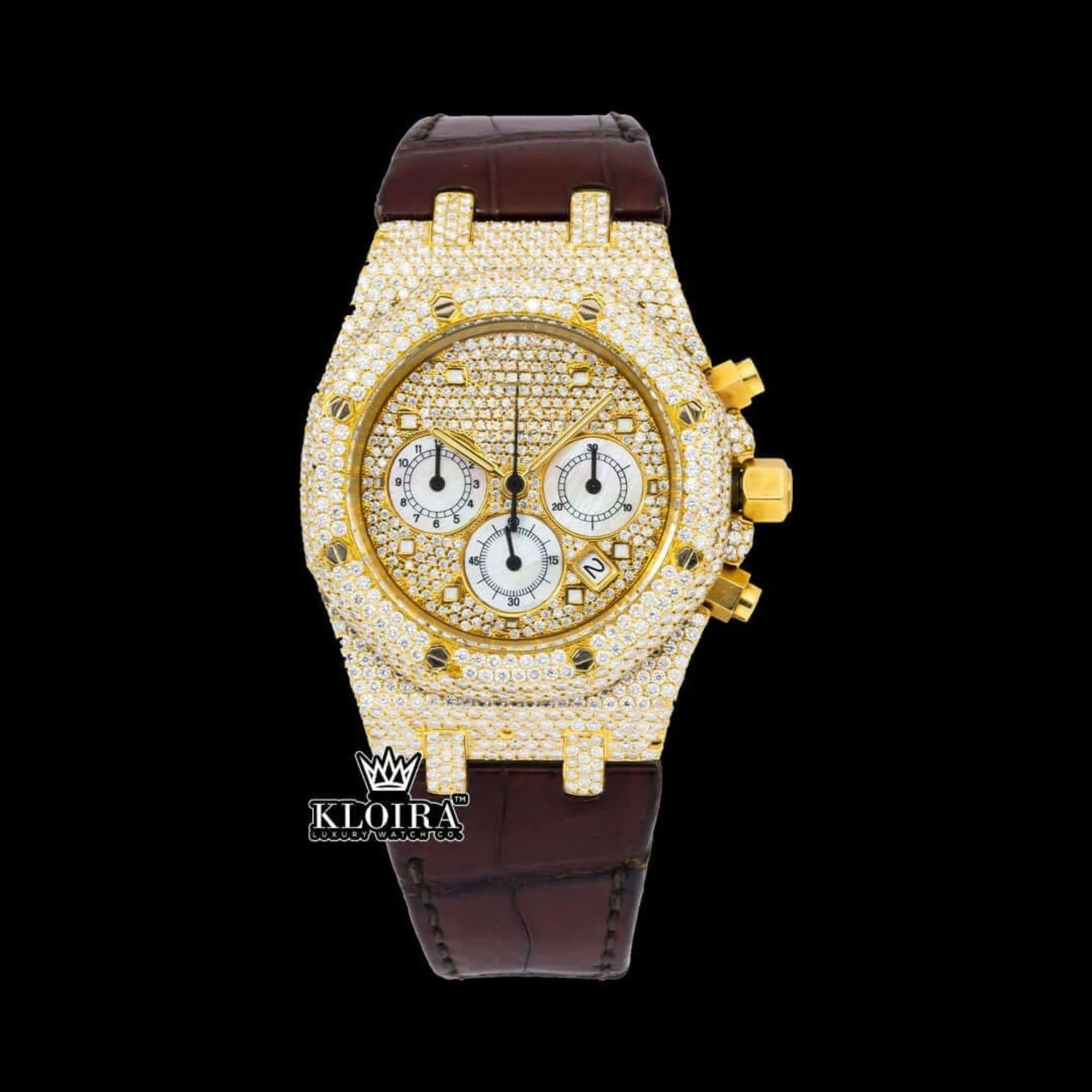 AP Moissanite Watch with yellow gold dial and brown leather strap showcasing luxury design