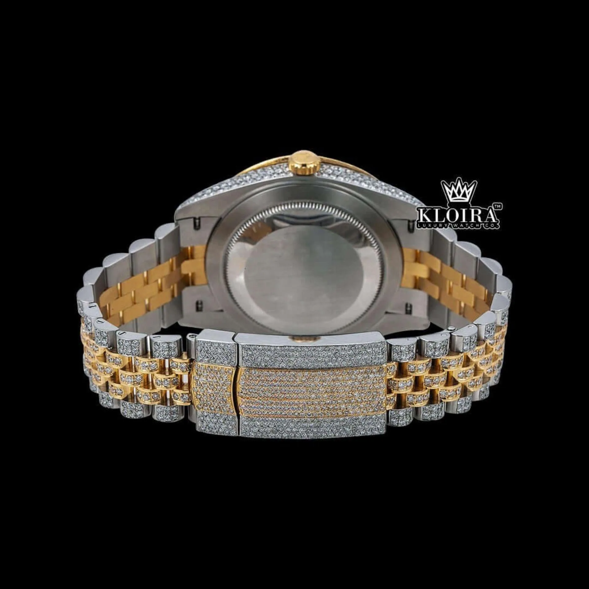 Yellow Gold Dial Rainbow Arabic Numerals Moissanite Diamond Watch Caseback View