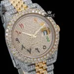 Yellow Gold Dial Rainbow Arabic Numerals Moissanite Diamond Watch Close Up Dial View