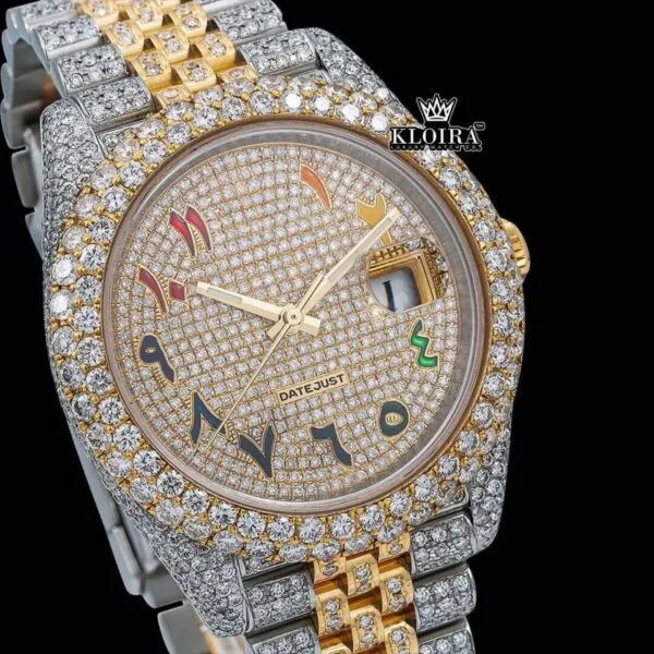Yellow Gold Dial Rainbow Arabic Numerals Moissanite Diamond Watch Close Up Dial View