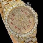Yellow Gold Dial Red Arabic Numerals Iced Out Moissanite Watch Close Up Dial View