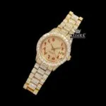 Yellow Gold Dial Red Arabic Numerals Iced Out Moissanite Watch Close Up Front View