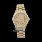Roles Yellow Gold Dial Iced Out Moissanite Watch with Red Arabic Numerals