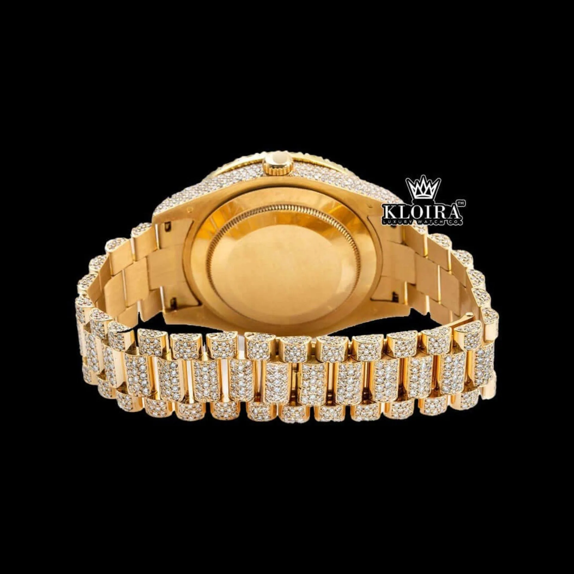Yellow Gold Dial Red Roman Numerals Moissanite Diamond Watch Caseback View