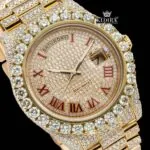 Yellow Gold Dial Red Roman Numerals Moissanite Diamond Watch Close Up Dial View