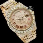 Yellow Gold Dial Red Roman Numerals Moissanite Diamond Watch Close Up Front View
