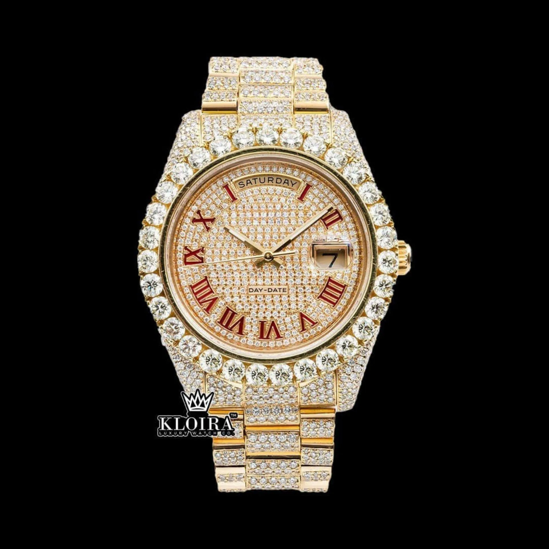 Moissanite Diamond Watch with Yellow Gold Dial and Red Roman Numerals