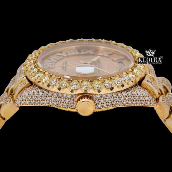 Yellow Gold Dial Roman Numerals Bust Down Moissanite Diamond Watch Crown View