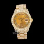 Roles Yellow Gold Dial Roman Numerals Bust Down Moissanite Diamond Watch Front View