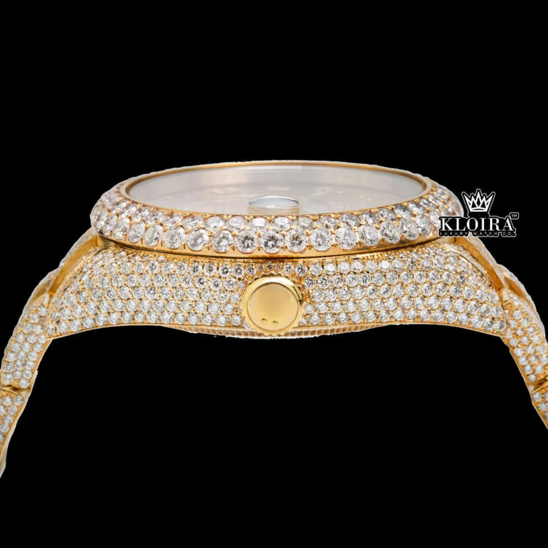 Yellow Gold Dial Standard Numerals Bust Down Moissanite Diamond Watch Crown View