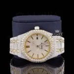 Yellow Gold Dial Two Tone Fully Iced Out Moissanite Watch Close Up Front View