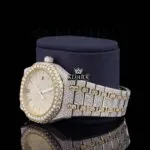 Yellow Gold Dial Two Tone Fully Iced Out Moissanite Watch Left Profile View