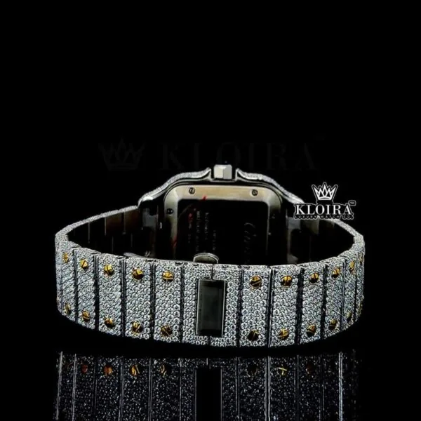 Yellow Gold Roman Dial Two Tone Iced Out Moissanite Diamond Watch Caseback View