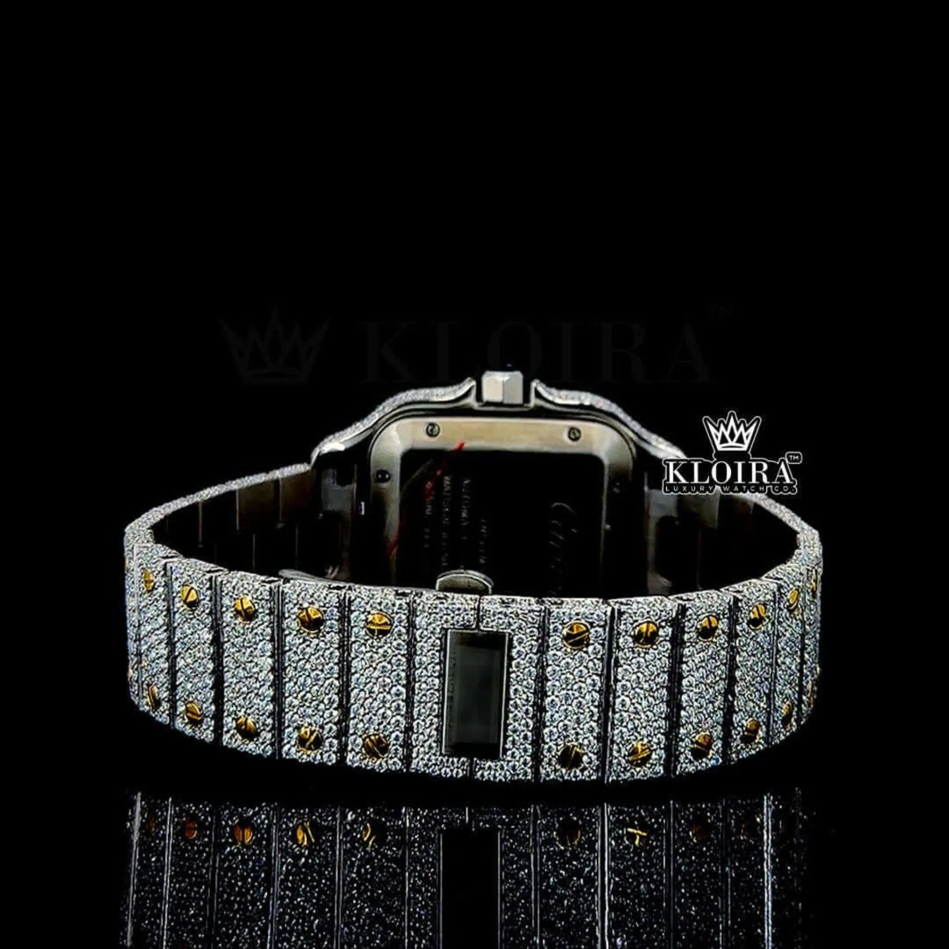 Yellow Gold Roman Dial Two Tone Iced Out Moissanite Diamond Watch Caseback View