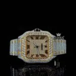Cartior Yellow Gold Roman Dial Iced Out Moissanite Watch with sparkling details