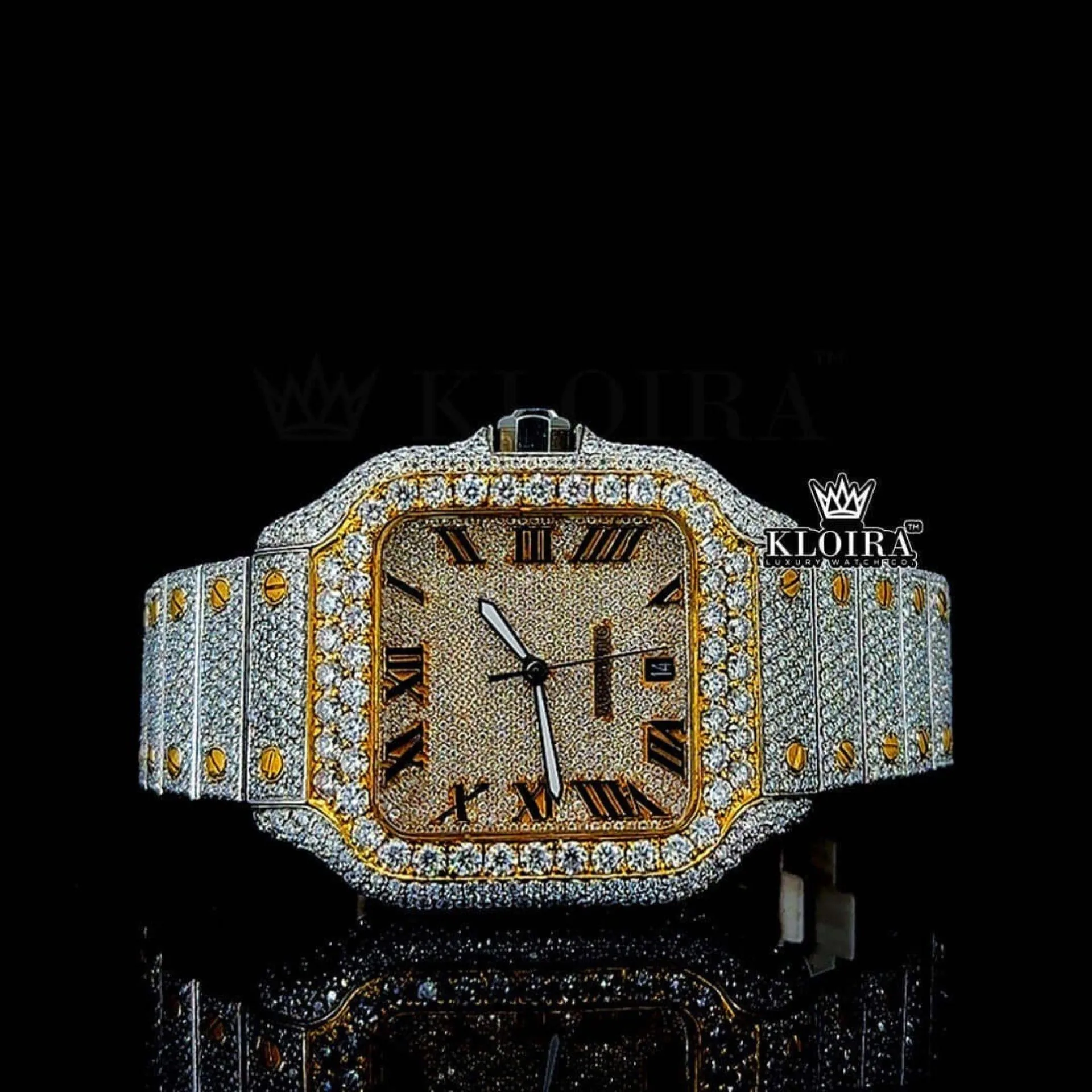 Cartior Yellow Gold Roman Dial Iced Out Moissanite Watch with sparkling details