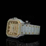 Yellow Gold Roman Dial Two Tone Iced Out Moissanite Diamond Watch Left Profile View