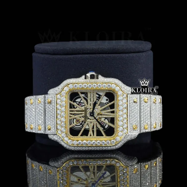 Yellow Gold Skeleton Dial Two Tone Iced Out Lab-Grown Diamond Watch Close Up Front View