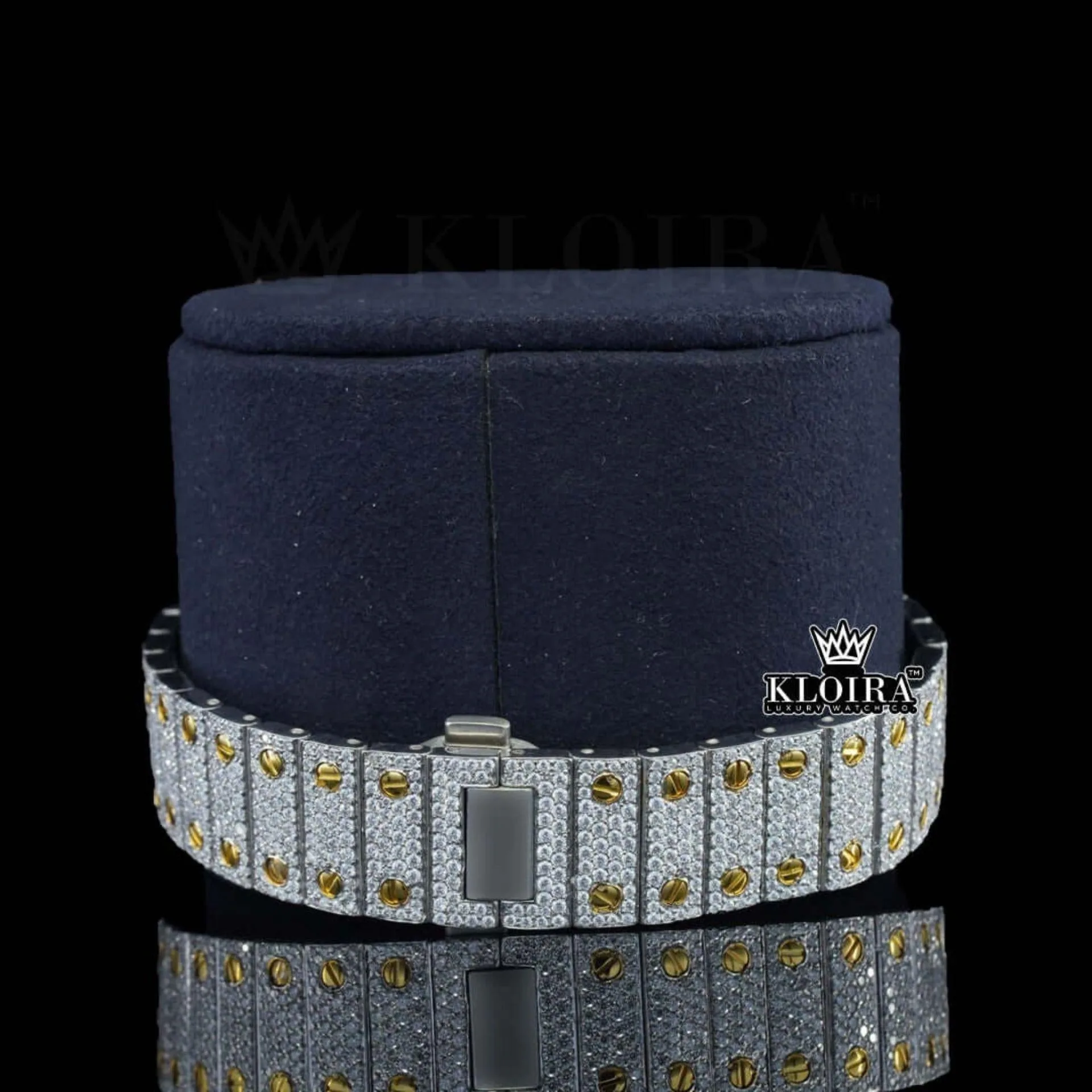 Yellow Gold Square Dial Black Roman Numerals Moissanite Watch Bracelet View